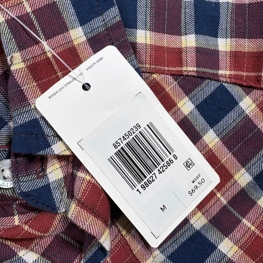 Levis Mens Western Standard Fit Plaid Shirt Burgundy Navy Pearl Snap Size Medium